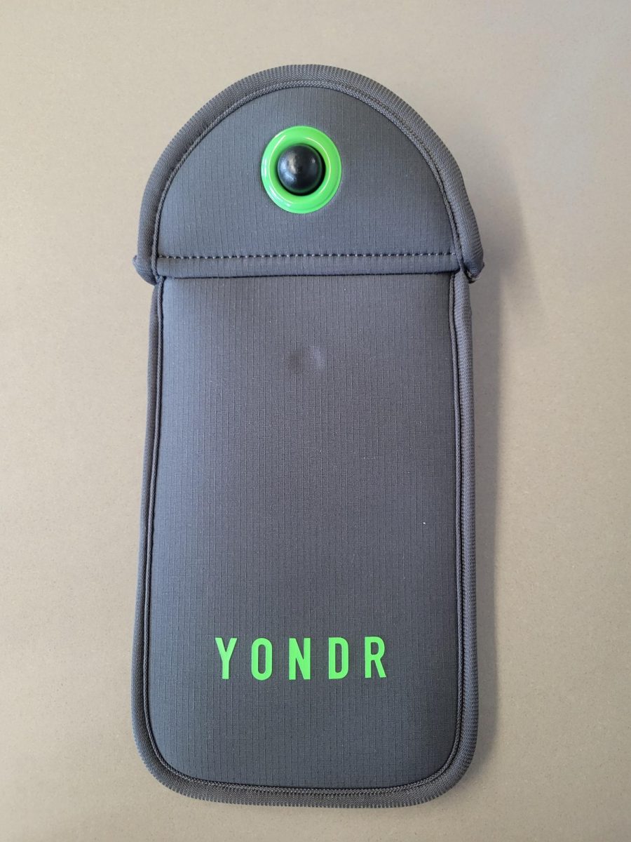 The YONDR Pouch that students are expected to lock their phones inside every morning during first period. Phones are unlocked by students' 8th period teacher before the final bell of the day.
