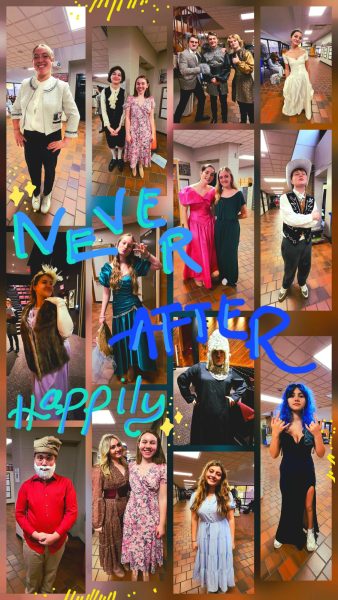 Various cast members of Never After Happily play posing for pictures in costume.